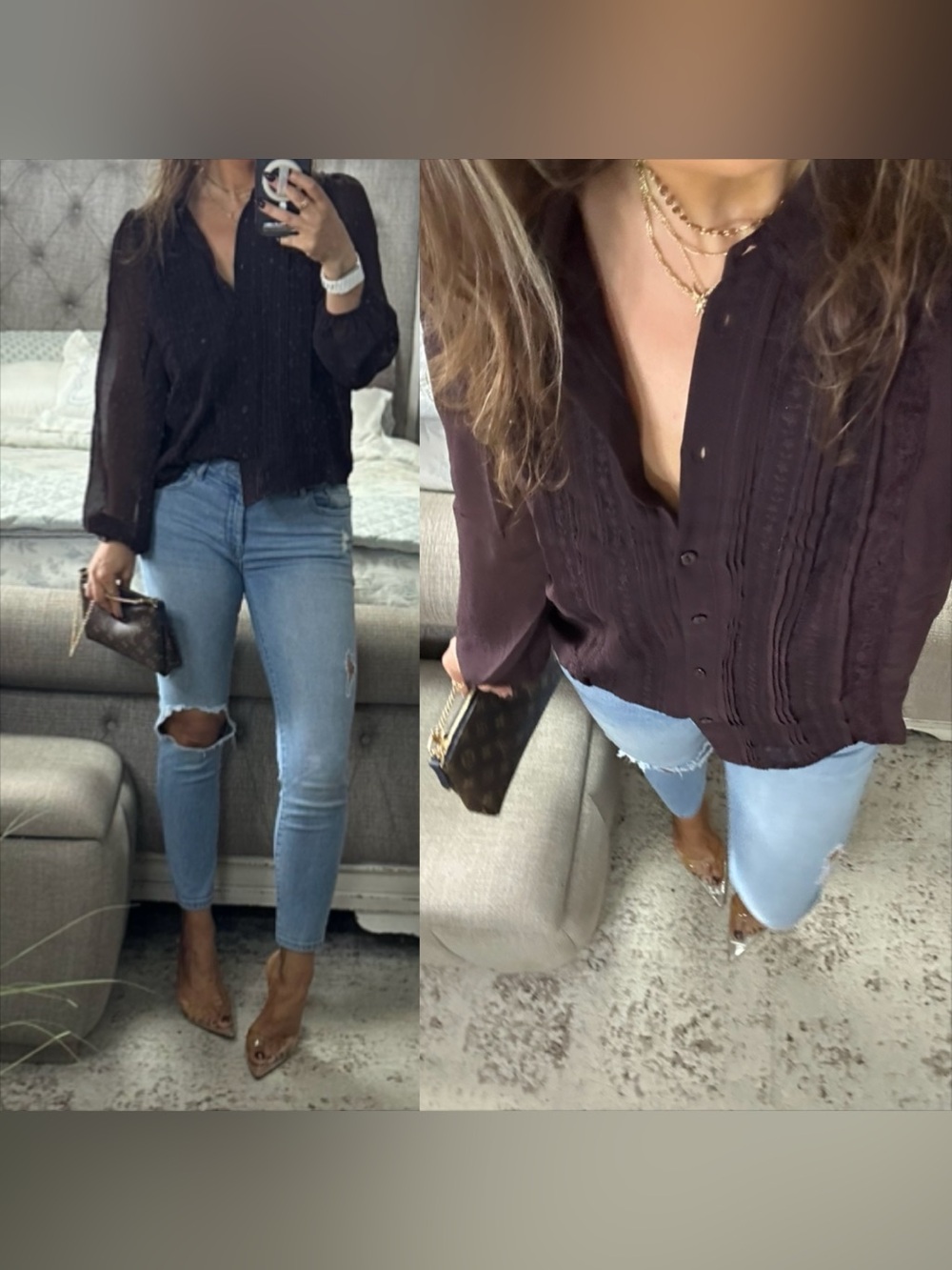 New🤎Chocolate Brown Lace Detail Button Front Blouse